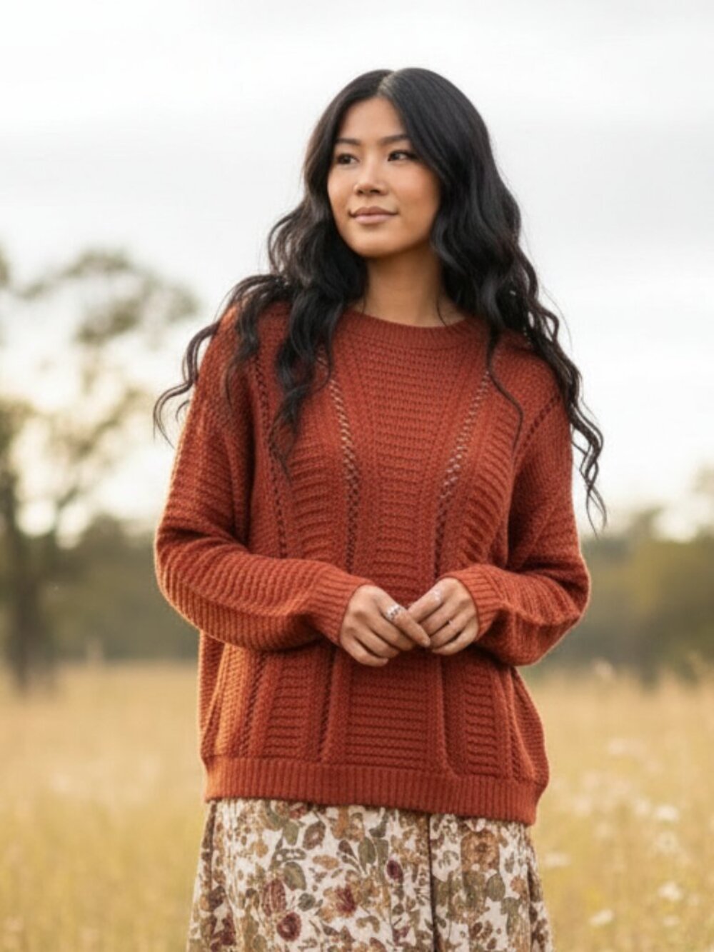 NEW Simply Vera PL Rust Red Mix Stitch Sweater Academia Cottage Rustic Cozy